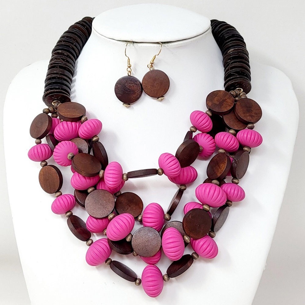 Bold Pink & Brown Tribal Wooden Beaded Layered Statement Necklace